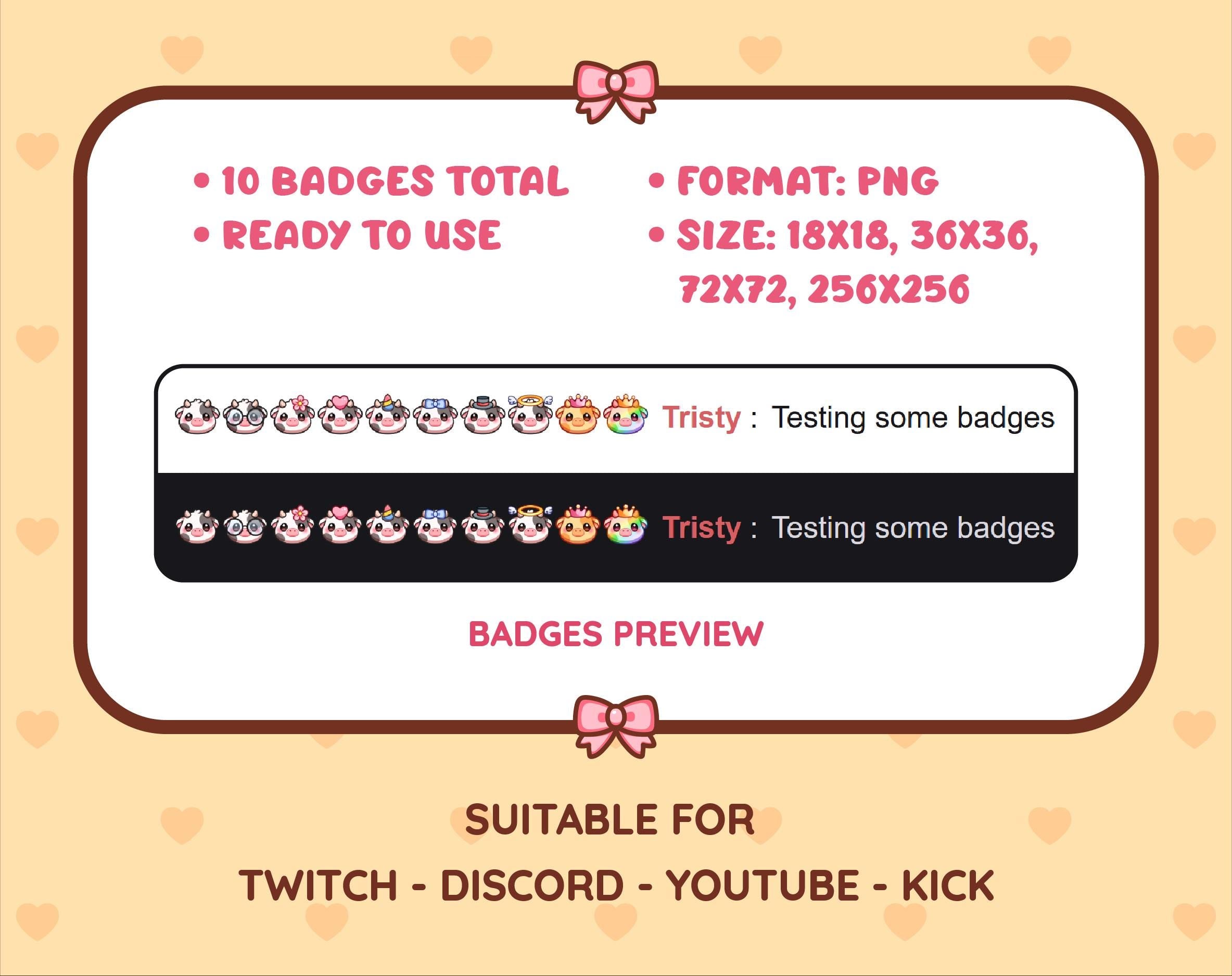 Black Cow Twitch sub badge pack preview displaying all 10 subscriber badges with format and size information.