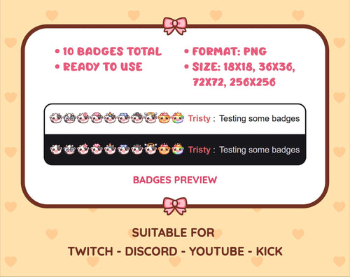 Black Cow Twitch sub badge pack preview displaying all 10 subscriber badges with format and size information.