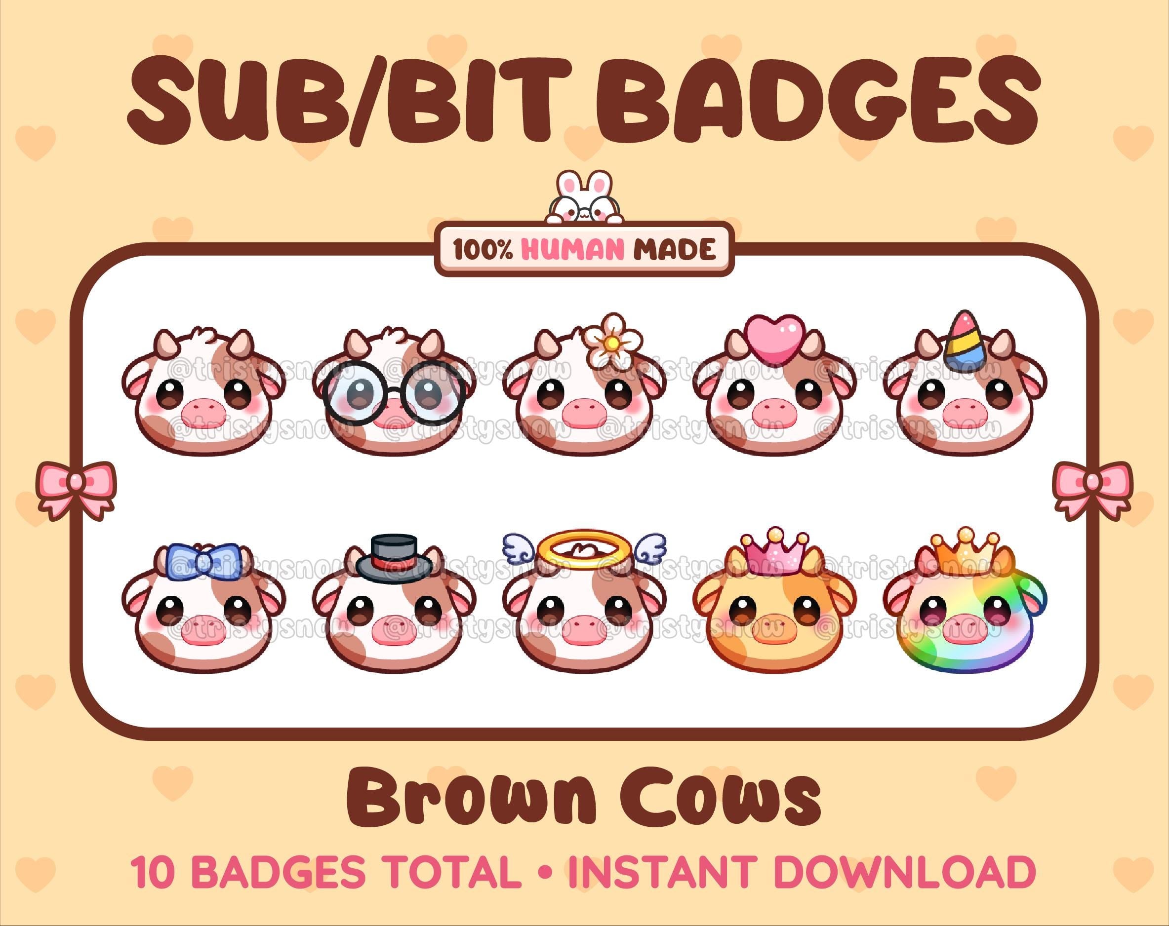 Brown Cow Twitch sub badge pack featuring 10 subscriber badges with progressive addon elements.