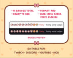 Brown Cow Twitch sub badge pack preview displaying all 10 subscriber badges with format and size information.