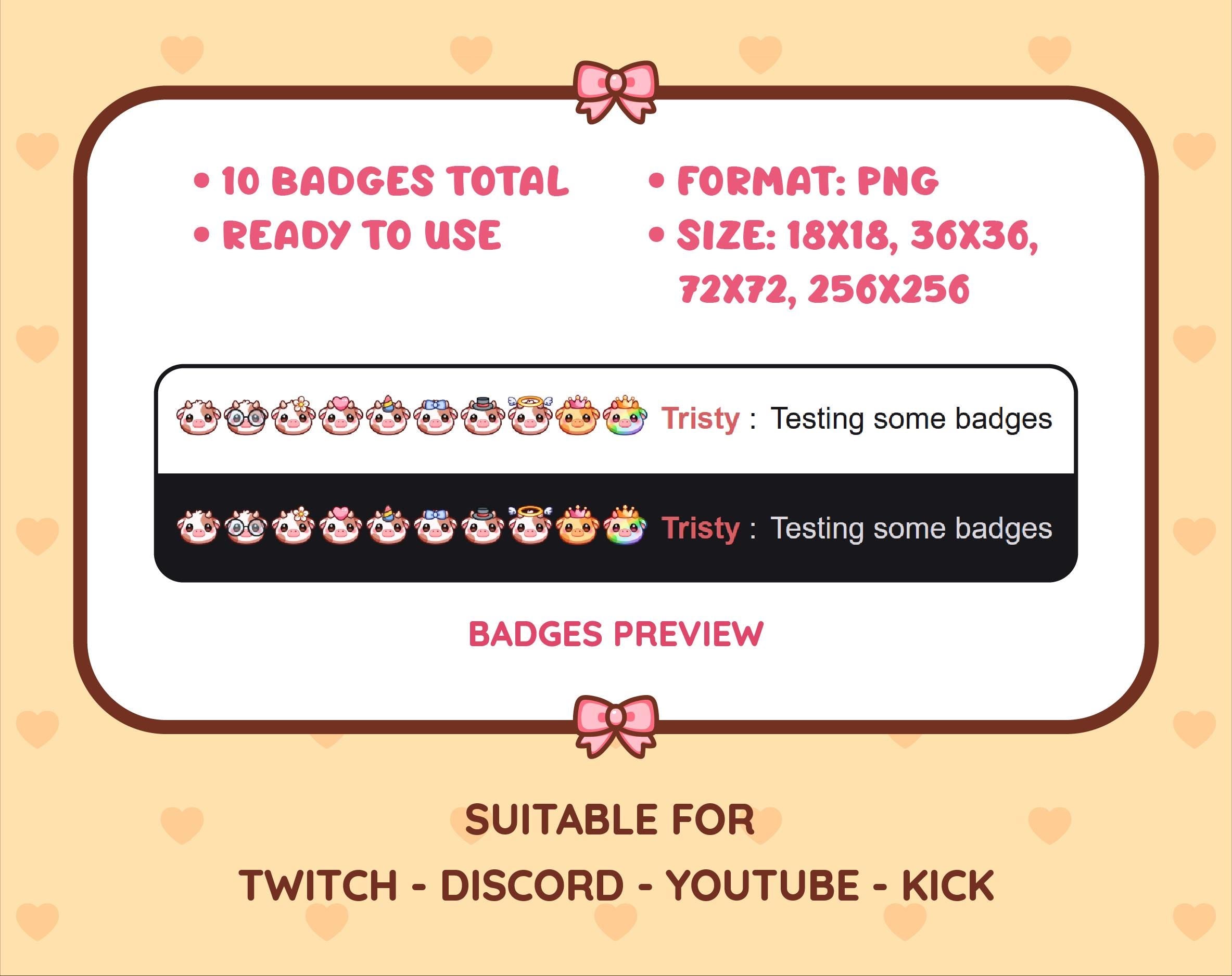Brown Cow Twitch sub badge pack preview displaying all 10 subscriber badges with format and size information.