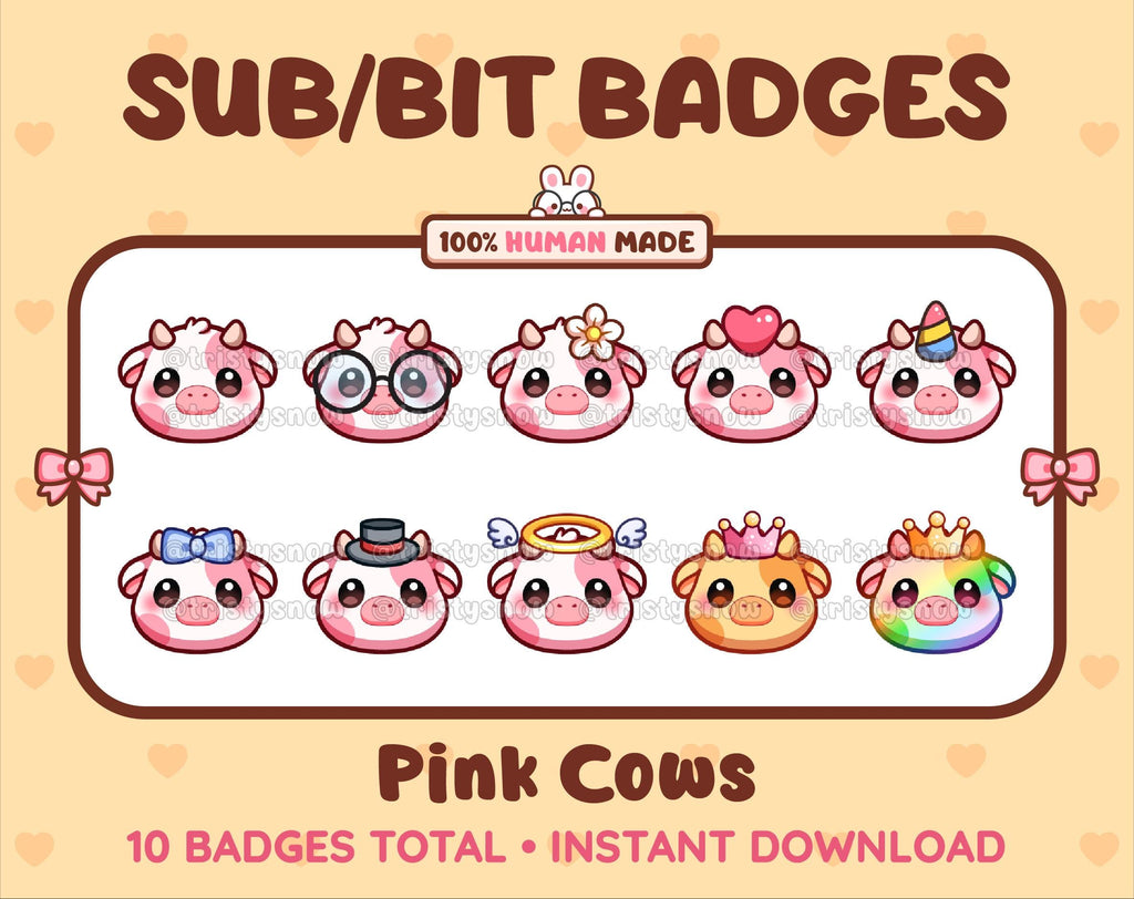 Pink Cow Twitch sub badge pack featuring 10 subscriber badges with progressive addon elements.