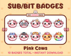 Pink Cow Twitch sub badge pack featuring 10 subscriber badges with progressive addon elements.