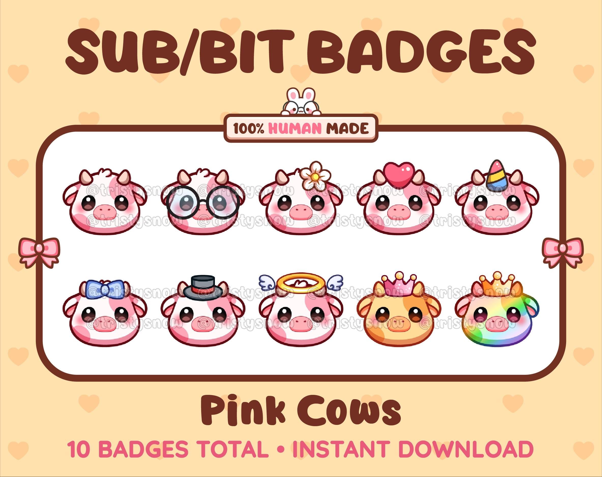 Pink Cow Twitch sub badge pack featuring 10 subscriber badges with progressive addon elements.