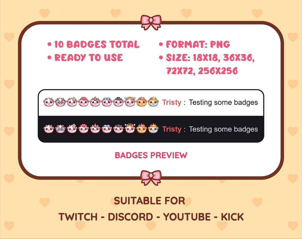 Pink Cow Twitch sub badge pack preview displaying all 10 subscriber badges with format and size information.
