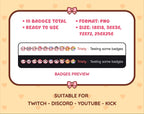Pink Cow Twitch sub badge pack preview displaying all 10 subscriber badges with format and size information.