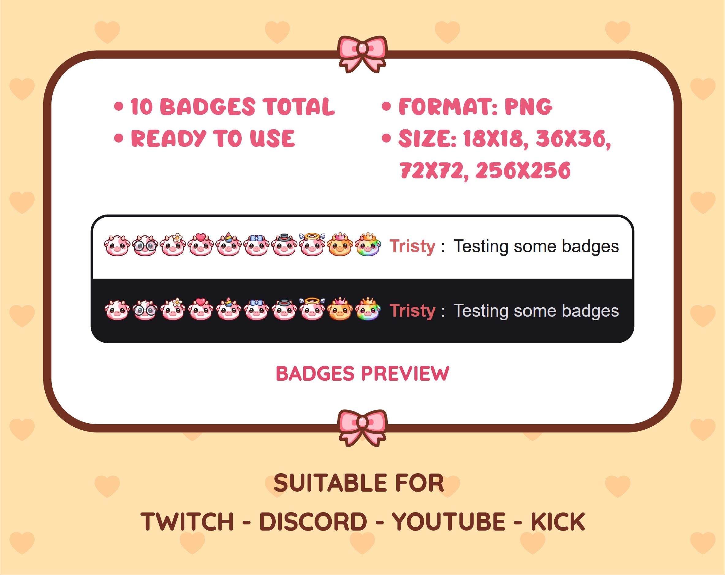 Pink Cow Twitch sub badge pack preview displaying all 10 subscriber badges with format and size information.