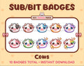 Cow Twitch sub badge pack featuring 10 subscriber badges in multiple color variations.