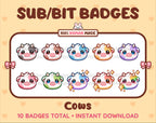 Cow Twitch sub badge pack featuring 10 subscriber badges in multiple color variations.