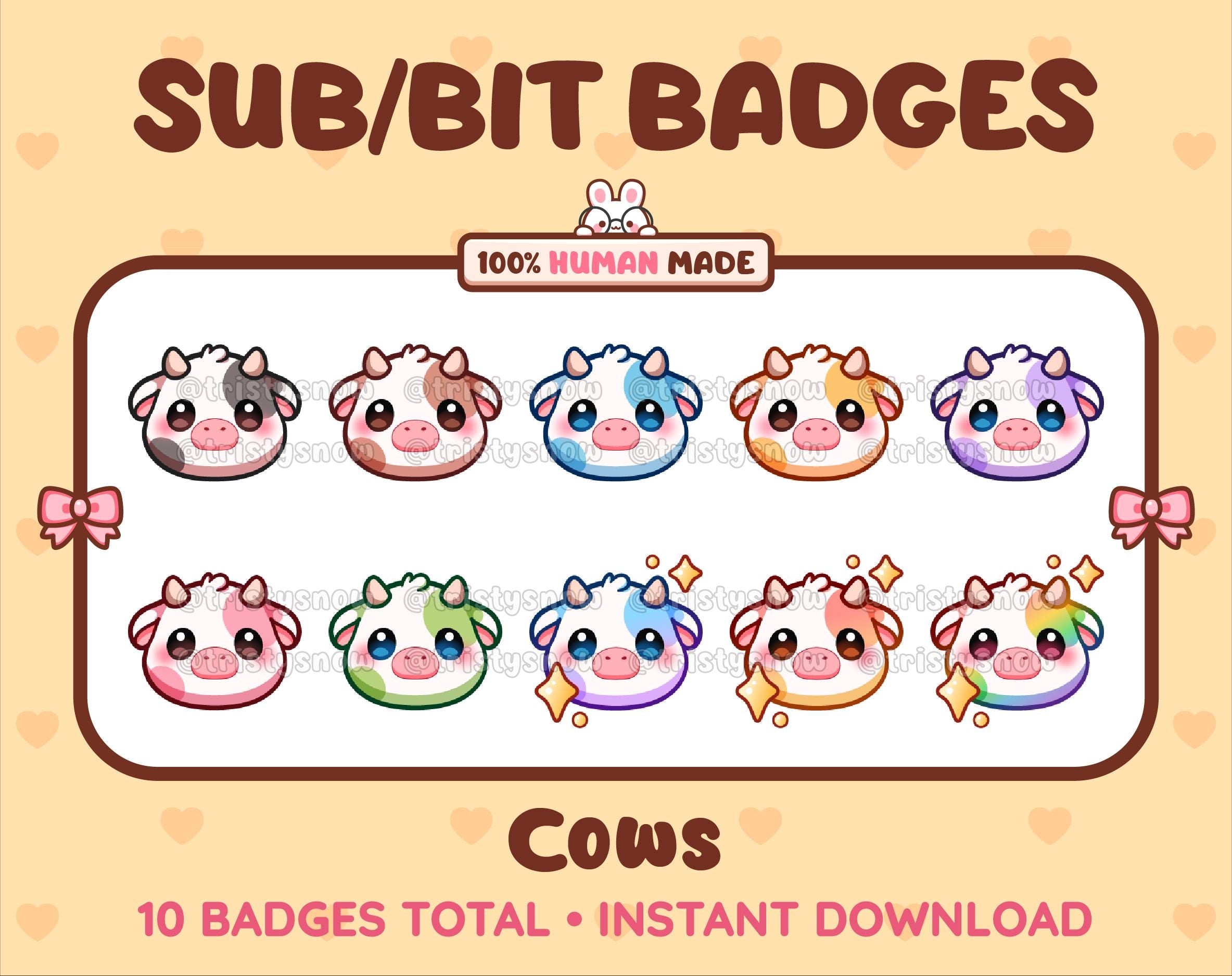 Cow Twitch sub badge pack featuring 10 subscriber badges in multiple color variations.