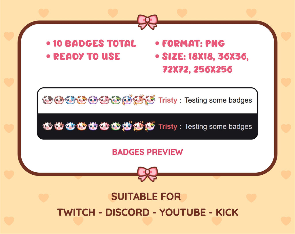 Cow Twitch sub badge pack preview displaying all 10 subscriber badges with format and size information.