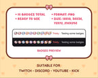 Cow Twitch sub badge pack preview displaying all 10 subscriber badges with format and size information.