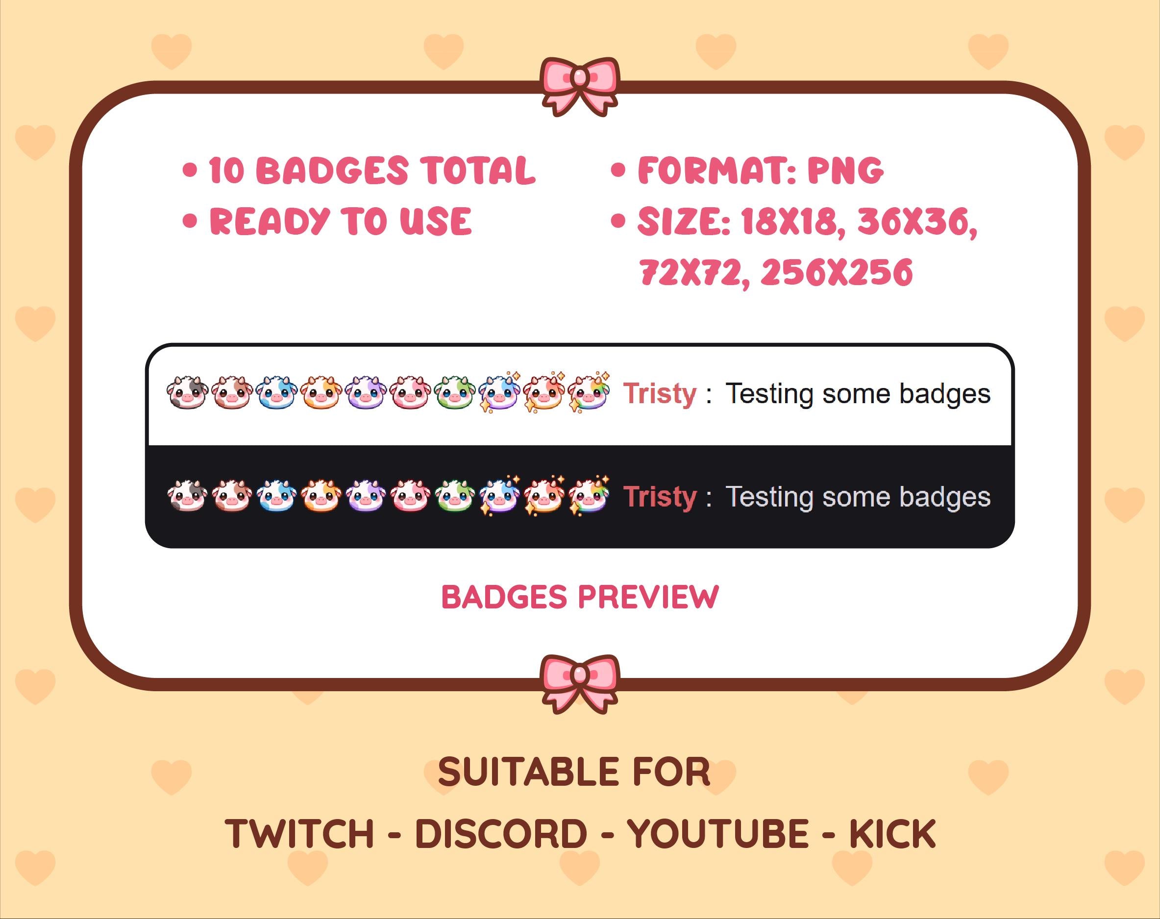 Cow Twitch sub badge pack preview displaying all 10 subscriber badges with format and size information.