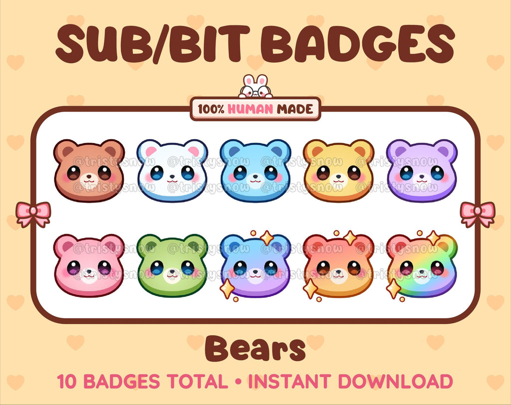 Bear Twitch sub badge pack featuring 10 subscriber badges in multiple color variations.