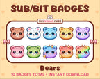 Bear Twitch sub badge pack featuring 10 subscriber badges in multiple color variations.