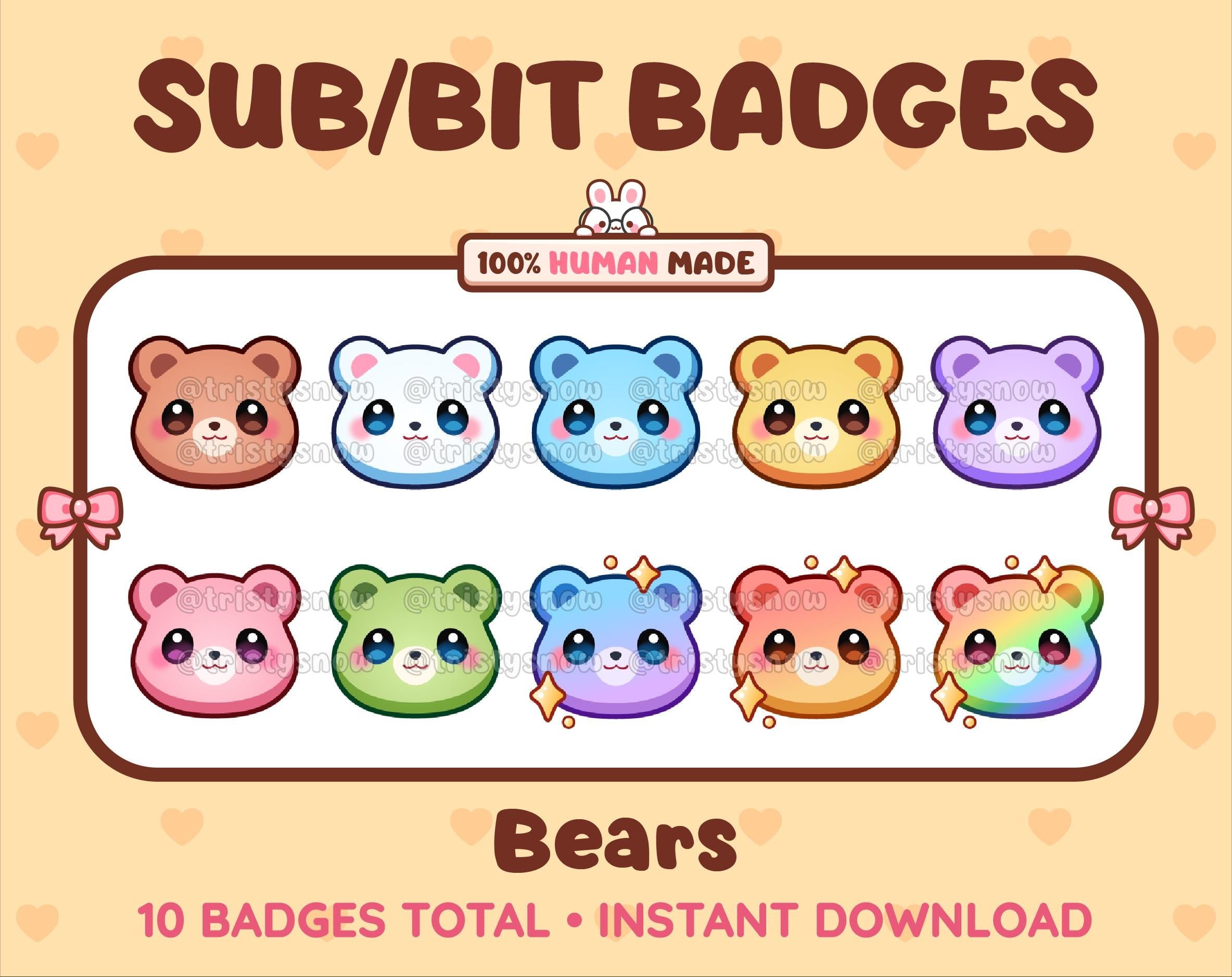 Bear Twitch sub badge pack featuring 10 subscriber badges in multiple color variations.