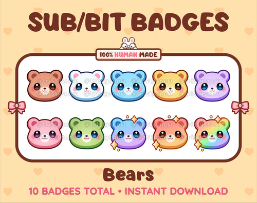 Bear Twitch sub badge pack featuring 10 subscriber badges in multiple color variations.