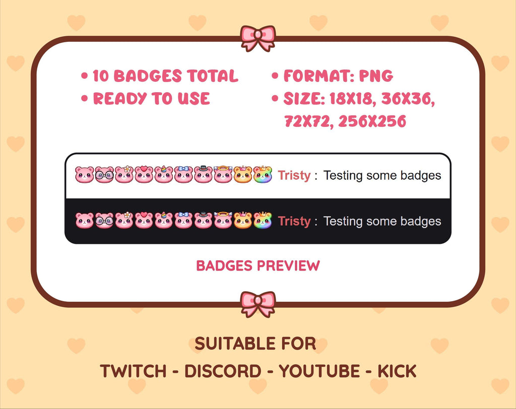 Pink Bear Twitch sub badge pack preview displaying all 10 subscriber badges with format and size information.