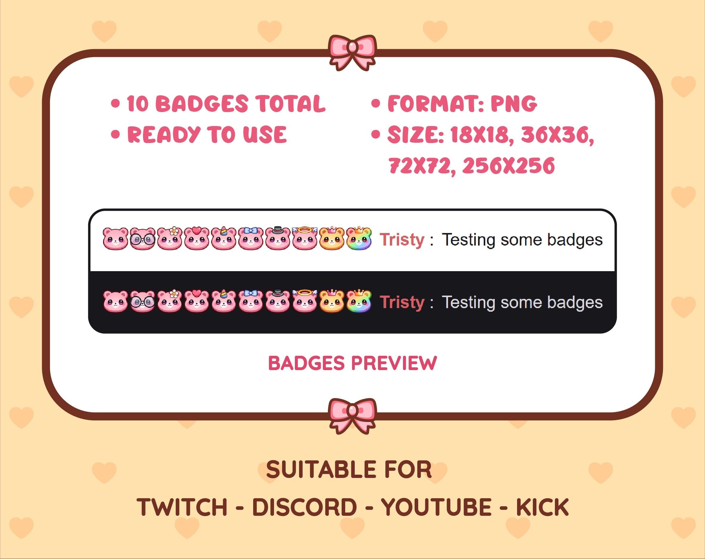 Pink Bear Twitch sub badge pack preview displaying all 10 subscriber badges with format and size information.