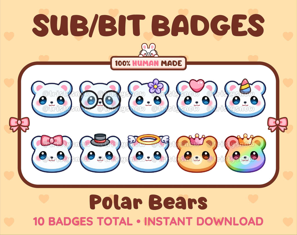 Polar Bear Twitch sub badge pack featuring 10 subscriber badges with progressive addon elements.