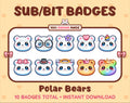 Polar Bear Twitch sub badge pack featuring 10 subscriber badges with progressive addon elements.