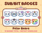 Polar Bear Twitch sub badge pack featuring 10 subscriber badges with progressive addon elements.