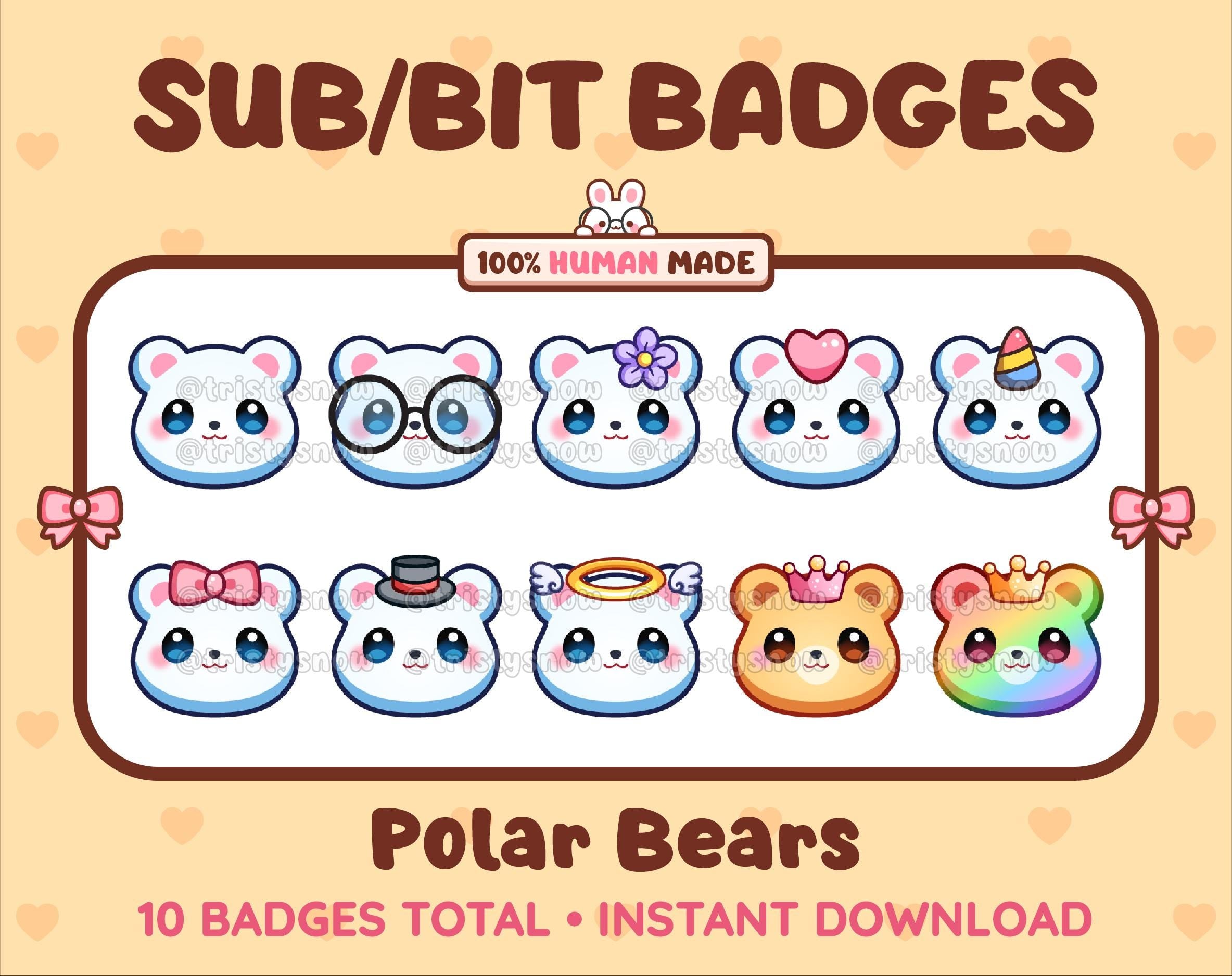 Polar Bear Twitch sub badge pack featuring 10 subscriber badges with progressive addon elements.