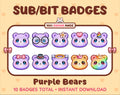 Purple Bear Twitch sub badge pack featuring 10 subscriber badges with progressive addon elements.