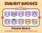 Purple Bear Twitch sub badge pack featuring 10 subscriber badges with progressive addon elements.