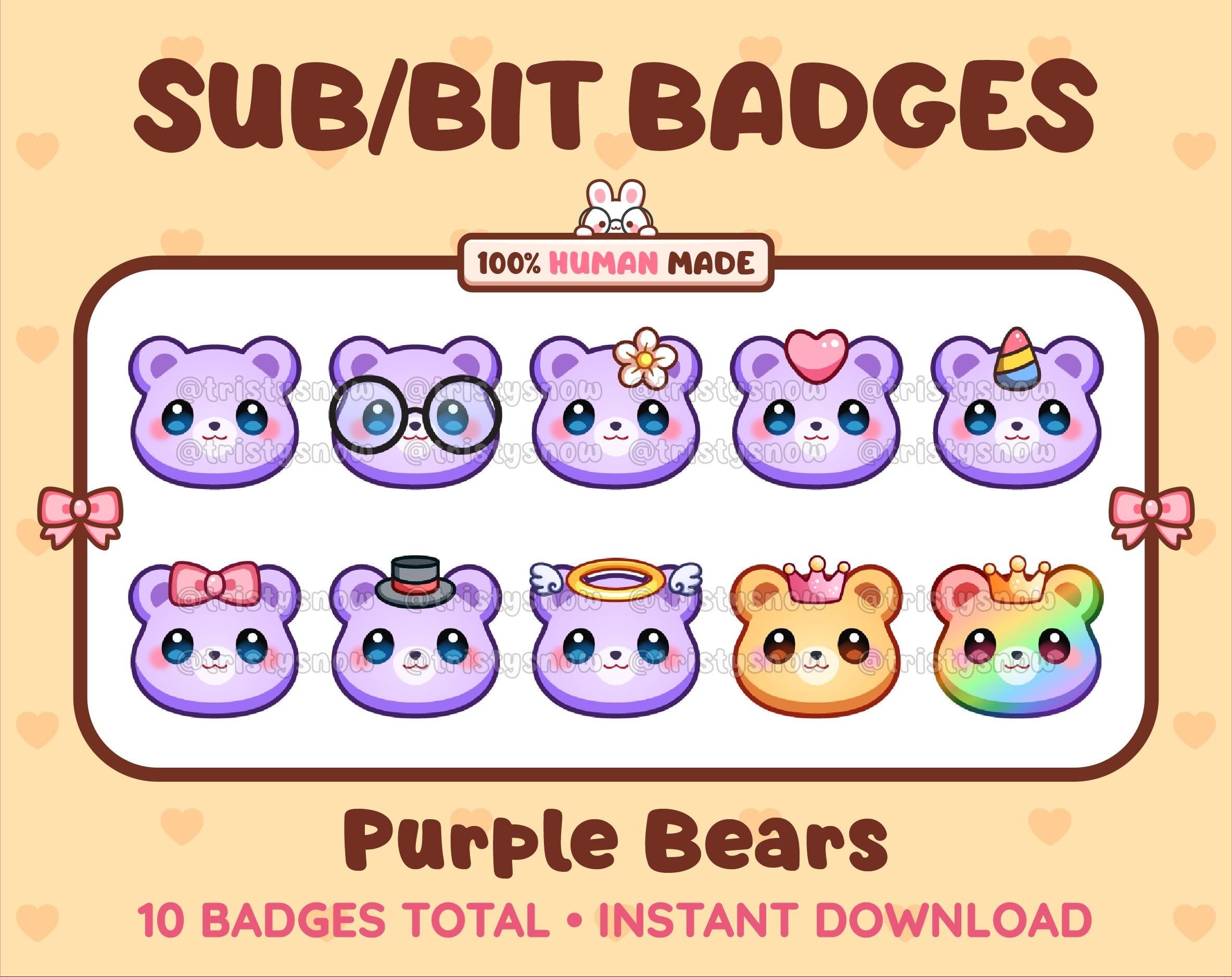 Purple Bear Twitch sub badge pack featuring 10 subscriber badges with progressive addon elements.