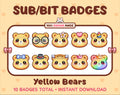 Yellow Bear Twitch sub badge pack featuring 10 subscriber badges with progressive addon elements.