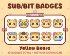 Yellow Bear Twitch sub badge pack featuring 10 subscriber badges with progressive addon elements.