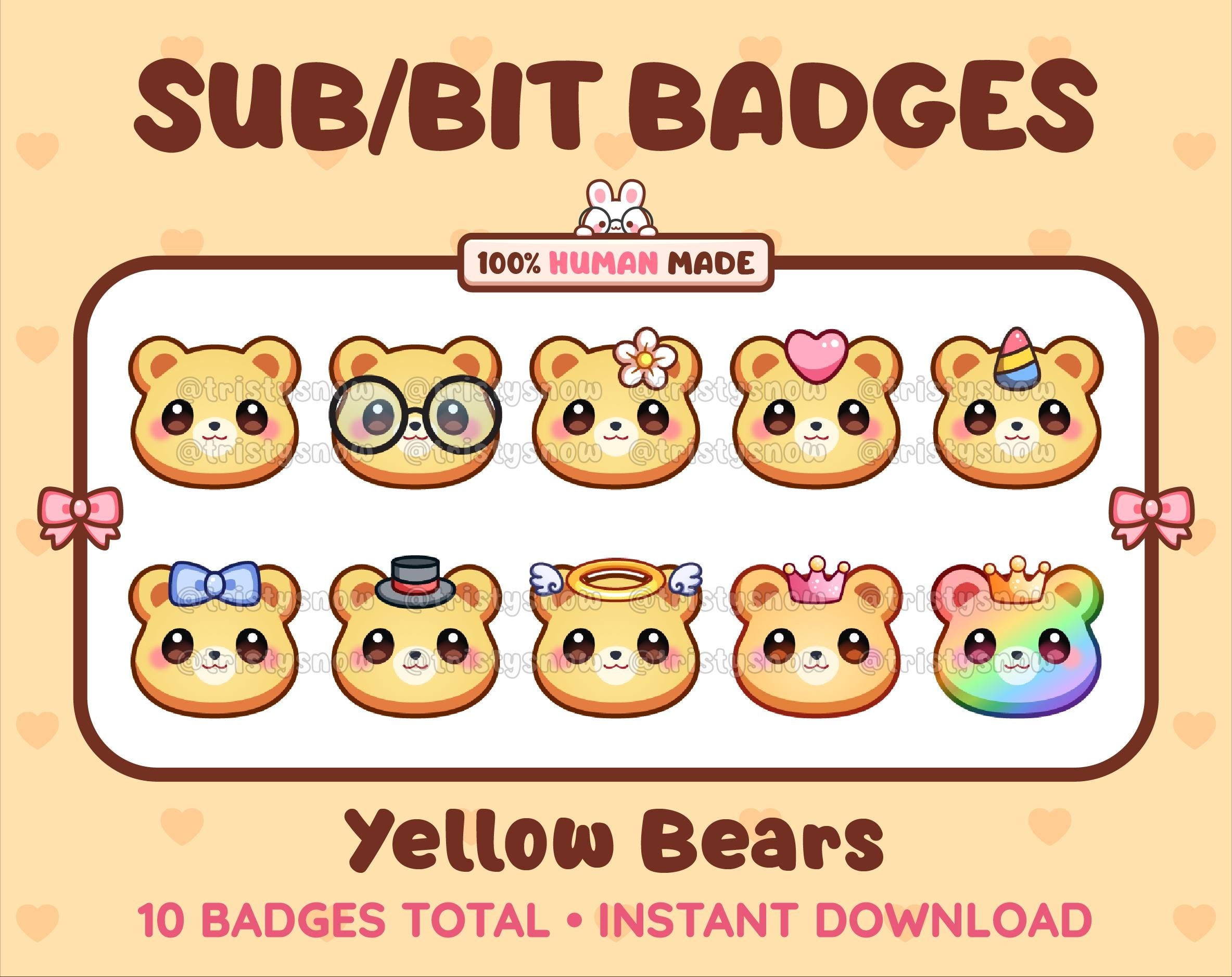 Yellow Bear Twitch sub badge pack featuring 10 subscriber badges with progressive addon elements.