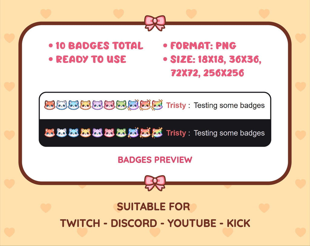 Fox Twitch sub badge pack preview displaying all 10 subscriber badges with format and size information.