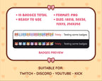 Fox Twitch sub badge pack preview displaying all 10 subscriber badges with format and size information.