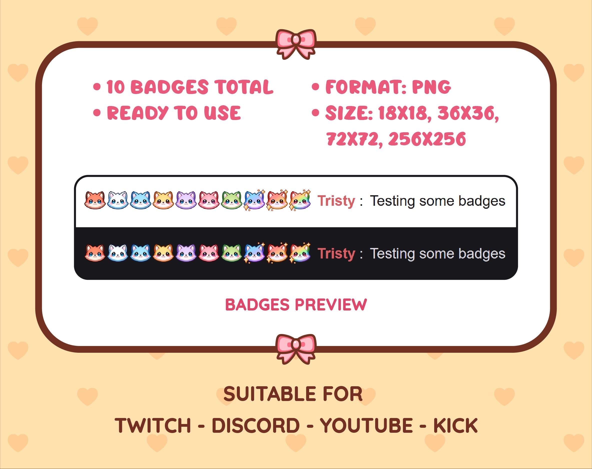 Fox Twitch sub badge pack preview displaying all 10 subscriber badges with format and size information.