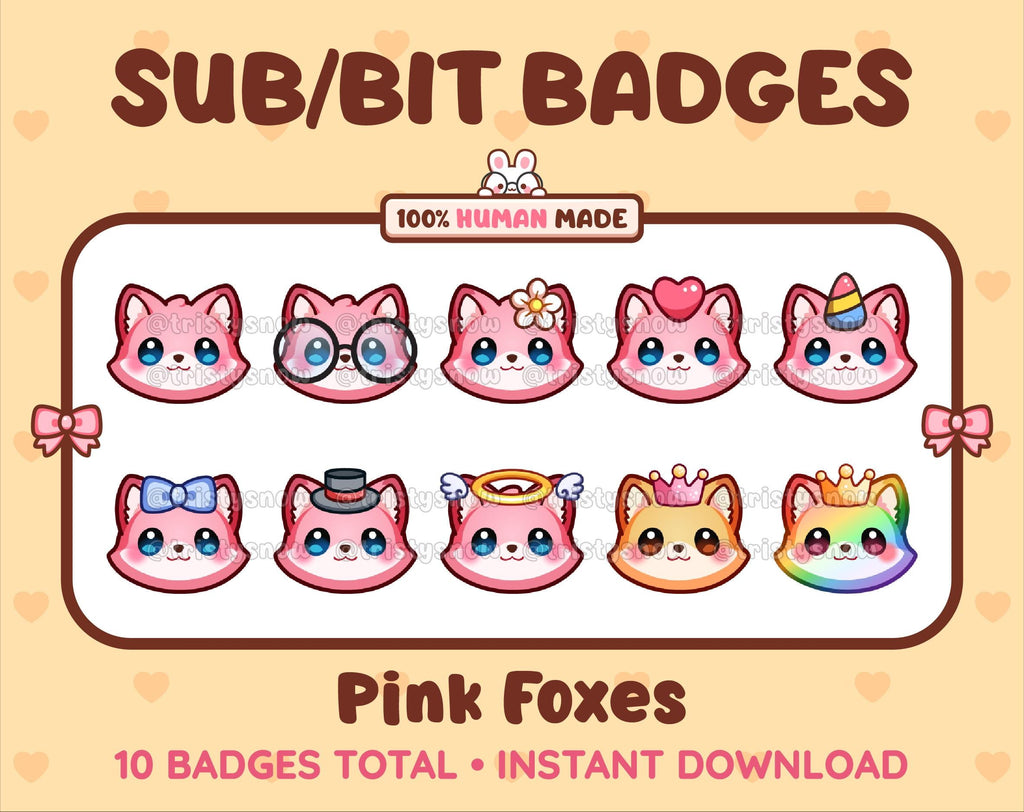 Pink Fox Twitch sub badge pack featuring 10 subscriber badges with progressive addon elements.