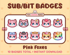 Pink Fox Twitch sub badge pack featuring 10 subscriber badges with progressive addon elements.