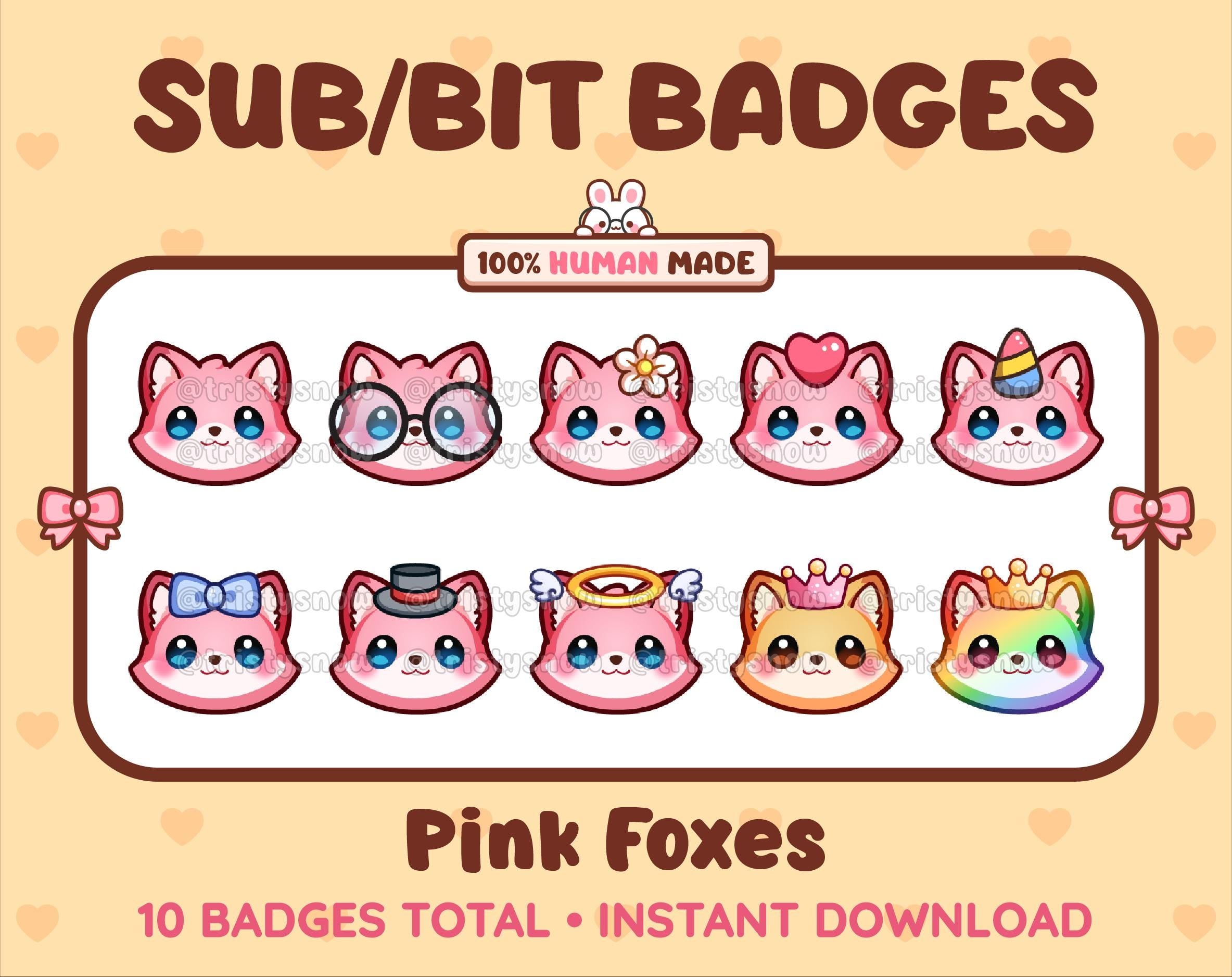 Pink Fox Twitch sub badge pack featuring 10 subscriber badges with progressive addon elements.