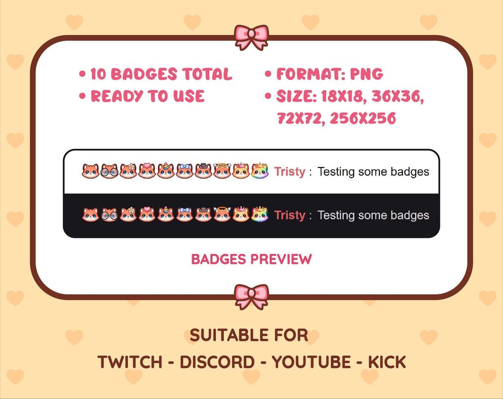 Red Fox Twitch sub badge pack preview displaying all 10 subscriber badges with format and size information.