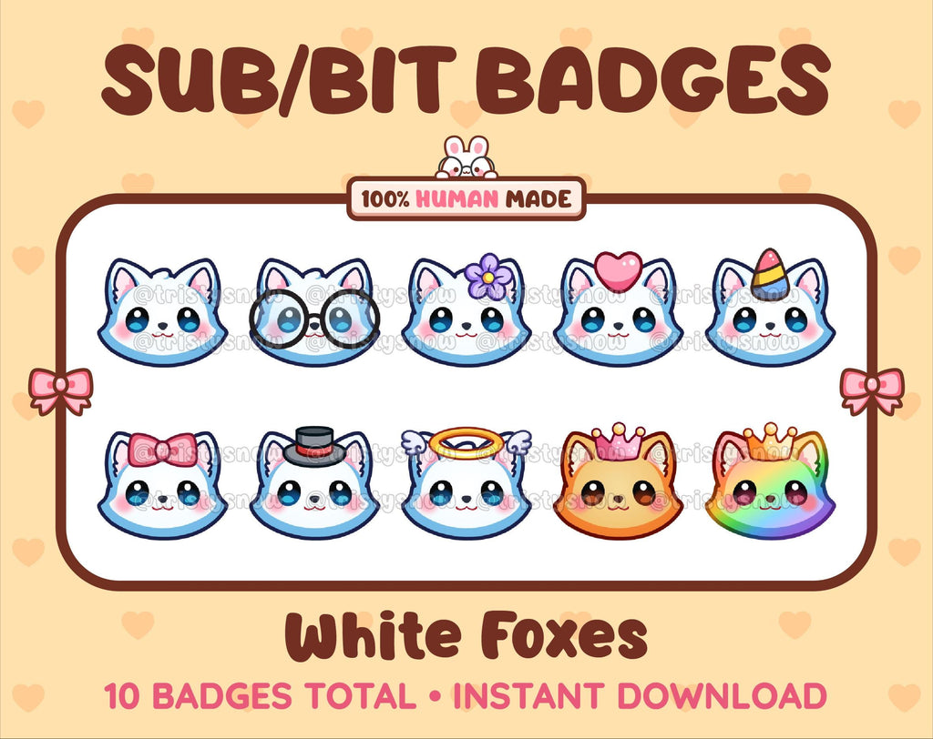 White Fox Twitch sub badge pack featuring 10 subscriber badges with progressive addon elements.