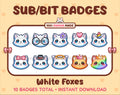 White Fox Twitch sub badge pack featuring 10 subscriber badges with progressive addon elements.
