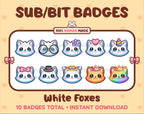 White Fox Twitch sub badge pack featuring 10 subscriber badges with progressive addon elements.