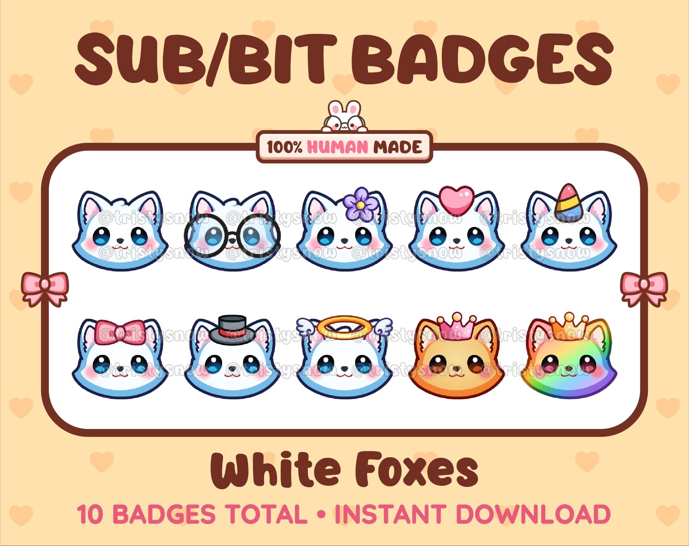 White Fox Twitch sub badge pack featuring 10 subscriber badges with progressive addon elements.