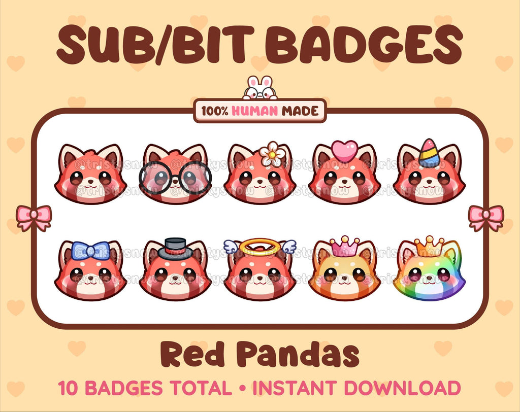 Red Panda Twitch sub badge pack featuring 10 subscriber badges with progressive addon elements.