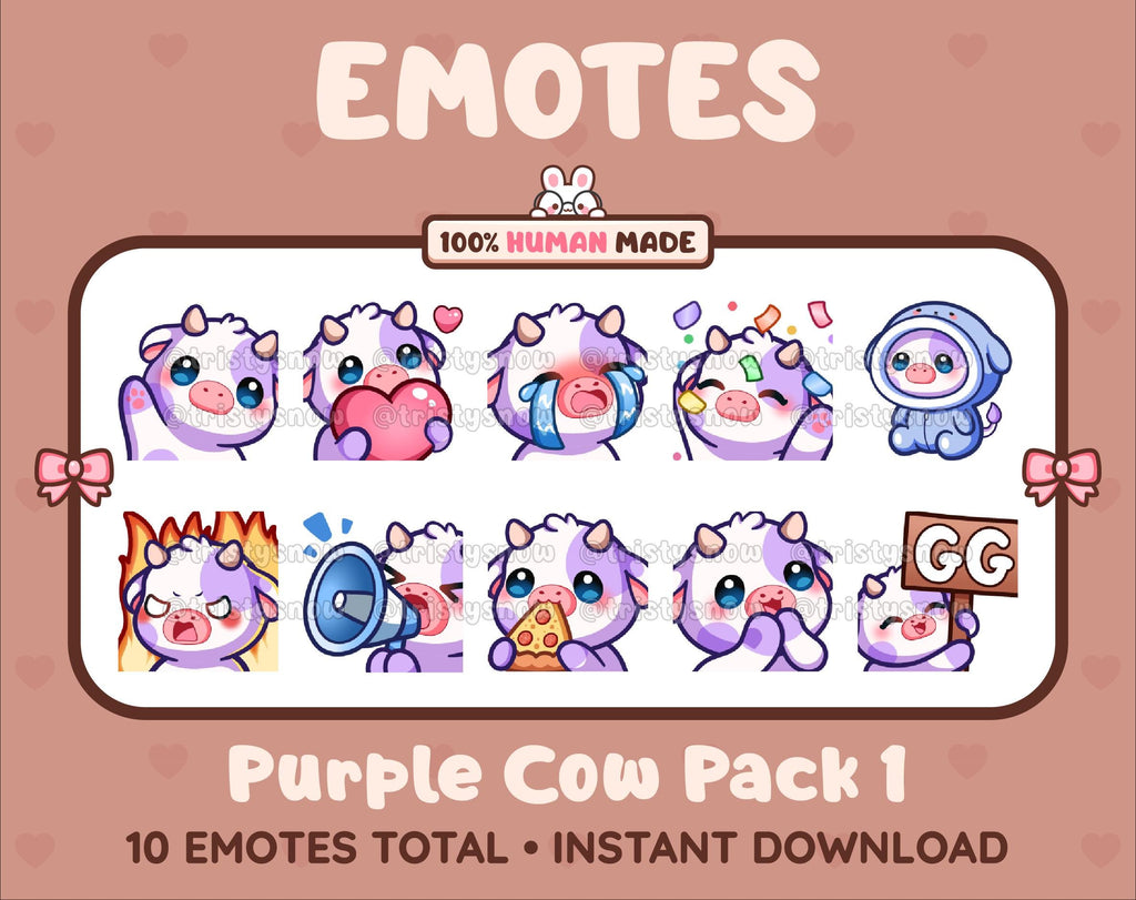 Purple Cow Twitch emote pack featuring 10 emotes including GG, angry, cry, and hype.