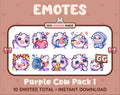 Purple Cow Twitch emote pack featuring 10 emotes including GG, angry, cry, and hype.