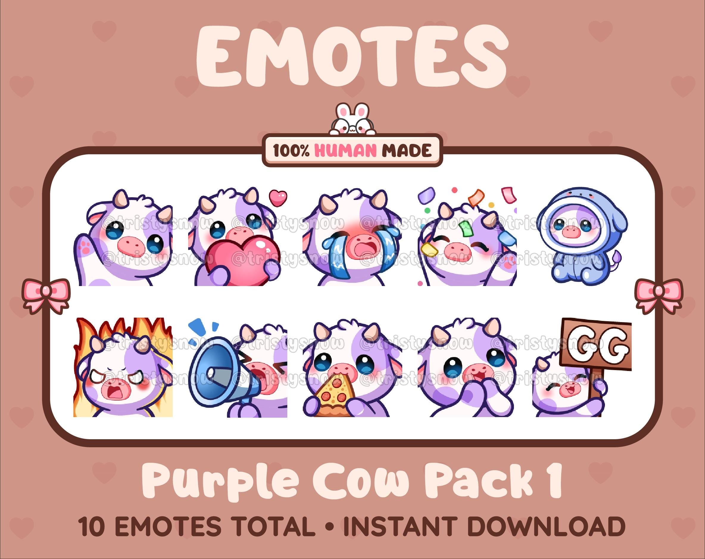 Purple Cow Twitch emote pack featuring 10 emotes including GG, angry, cry, and hype.
