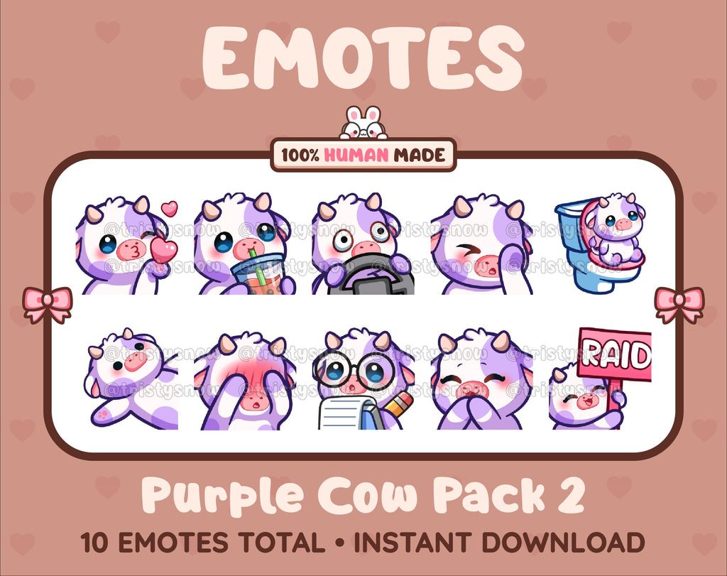 Purple Cow Twitch emote pack featuring 10 emotes including kiss, facepalm, shy, and raid.