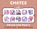 Purple Cow Twitch emote pack featuring 10 emotes including kiss, facepalm, shy, and raid.